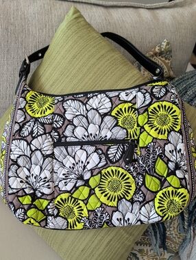 Quilted Floral Shoulder Bag in Lime and White. Medium Sized.